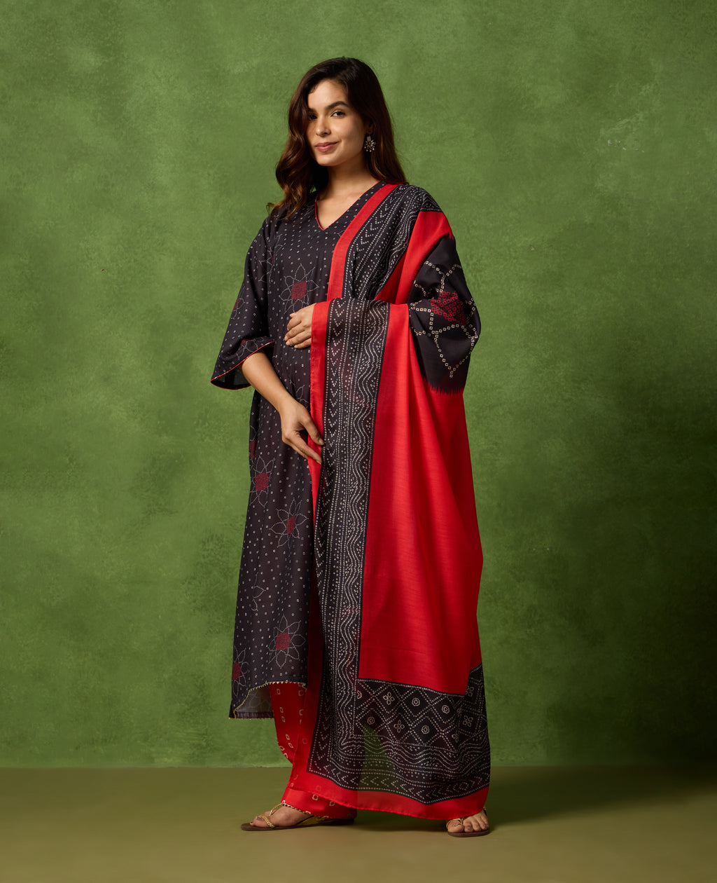 Dhun Black & Red Floral Print Spun Cambric Kurta Suit Set