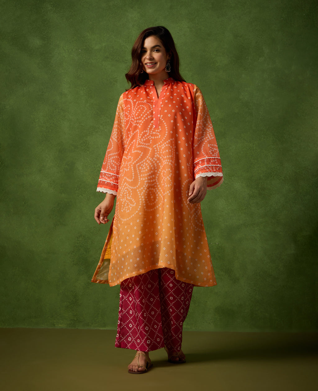 Genda Orange & Maroon Bandhani Print Mul Chanderi Kurta Suit Set