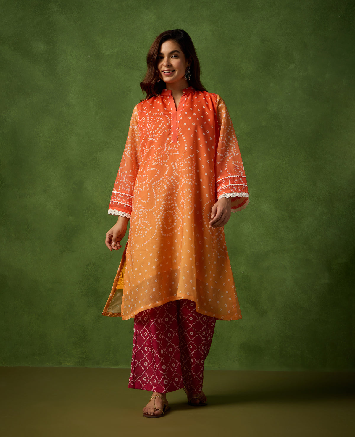 Genda Orange & Maroon Bandhani Print Mul Chanderi Kurta Suit Set