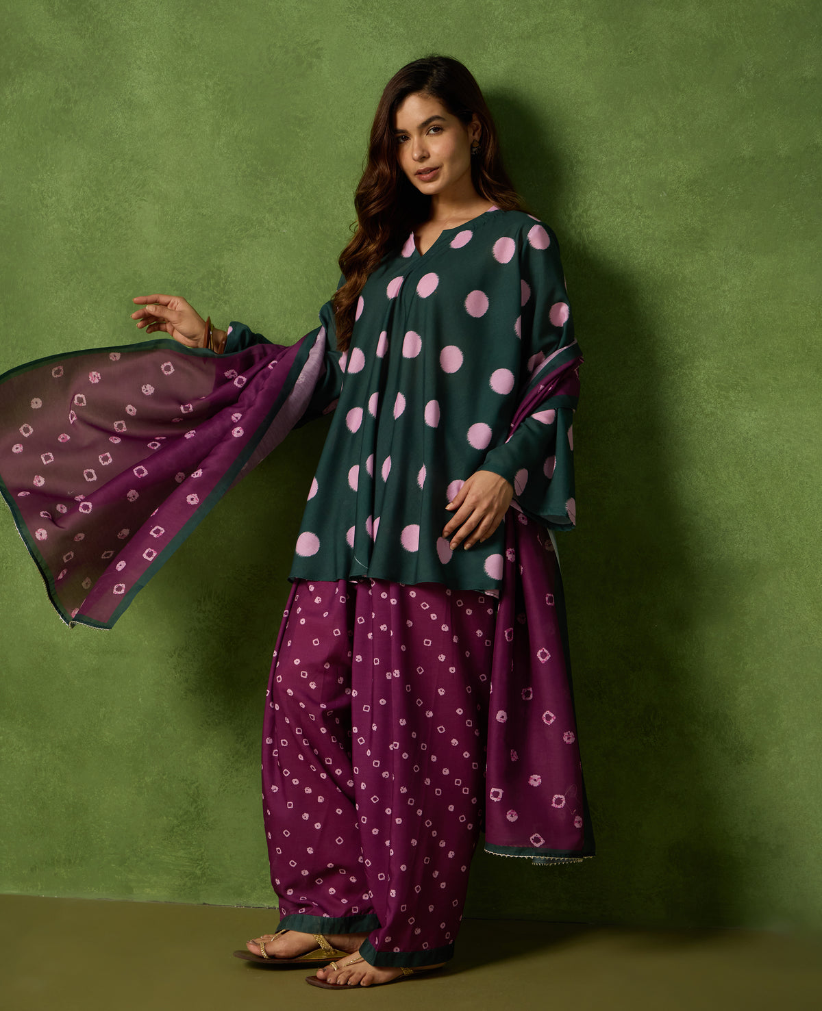 Kolam Teal Green Polka Short Kurti & Plum Farshi Salwar Set