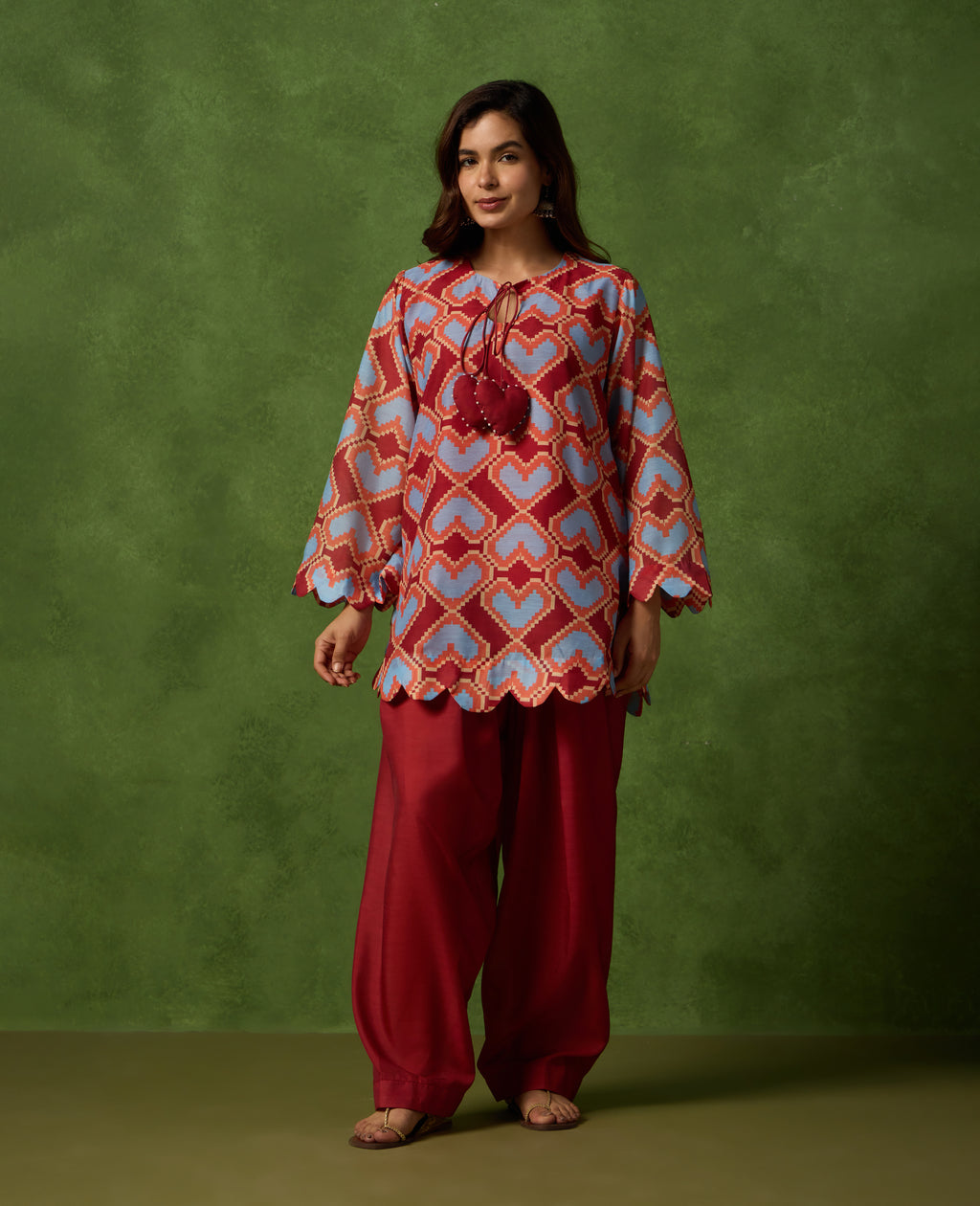 Roli Red and Blue Geometric Print Mul Chanderi Farshi Salwar Set - Rare Threads by Naina