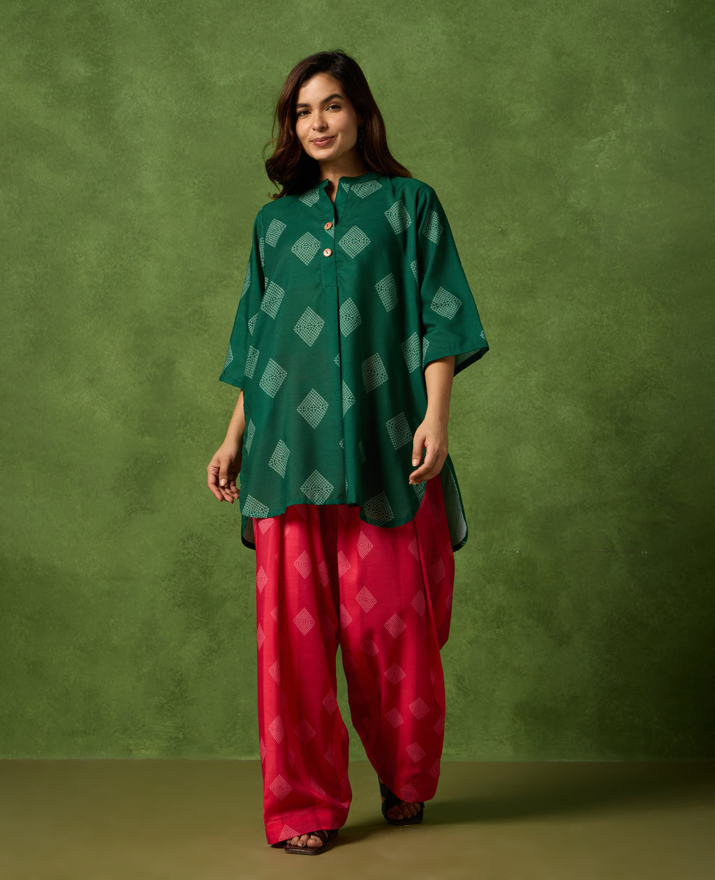 Henna Forest Green Short Kurti & Pink Farshi Salwar Set