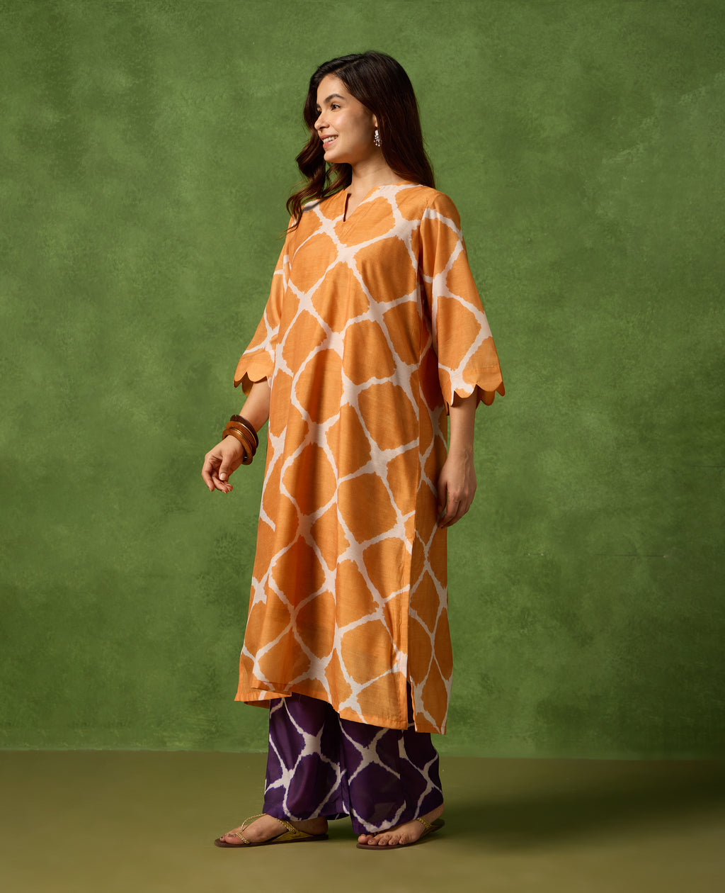 Mishti Orange and Plum Mul Chanderi Printed Kurta Set side profile view - Rare Threads by Naina