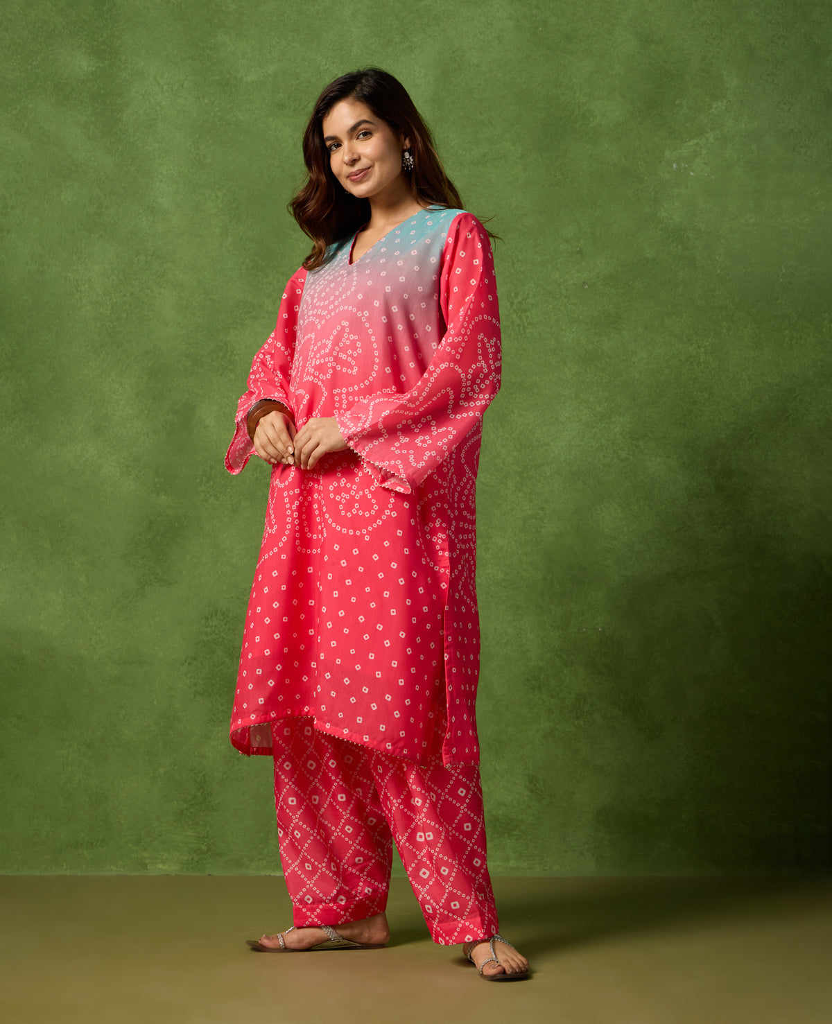 Jhoom Pink & Red Bandhani Print Mul Chanderi Kurta Suit Set