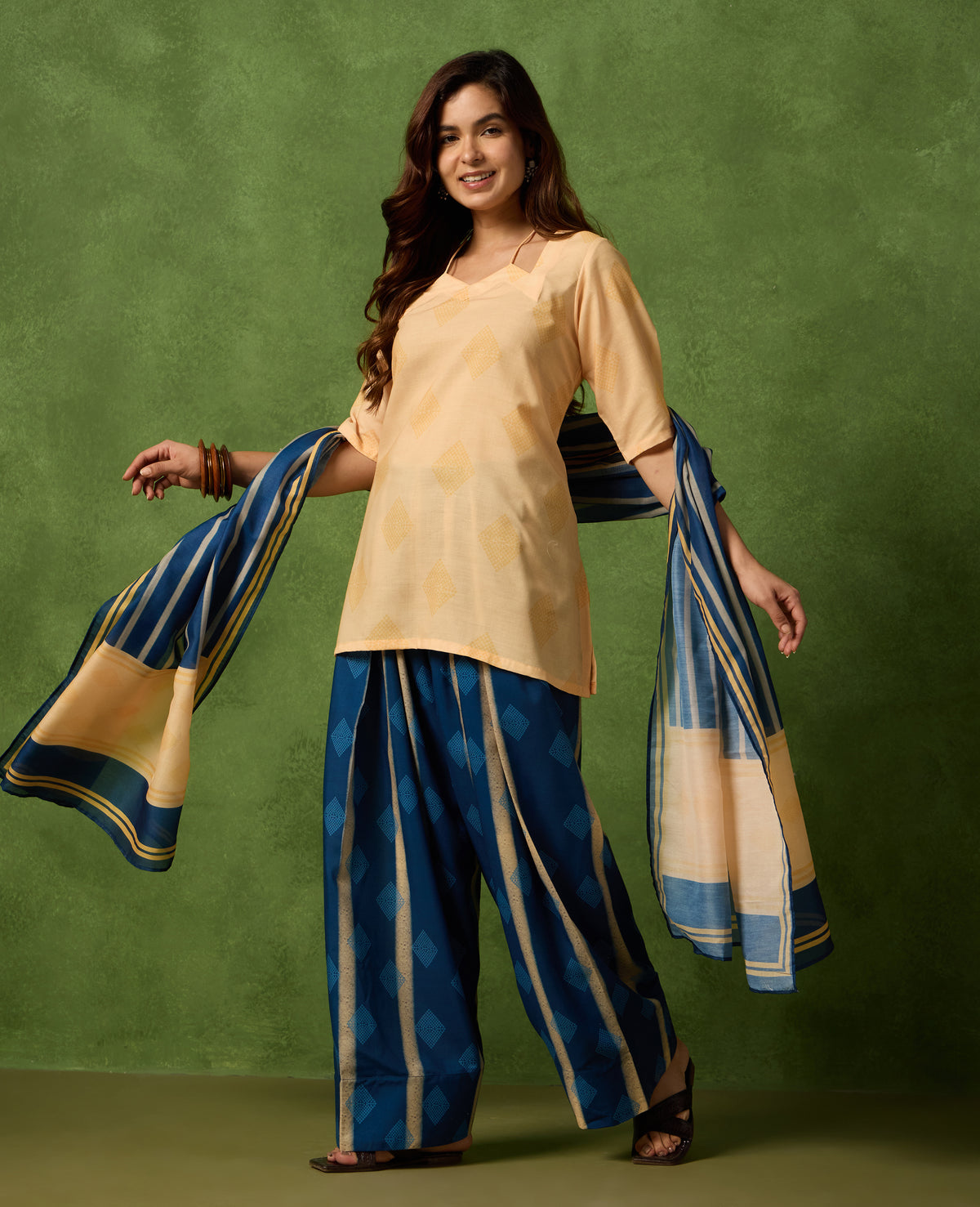 Bela Peach Yellow Short Kurti & Blue Farshi Salwar Set