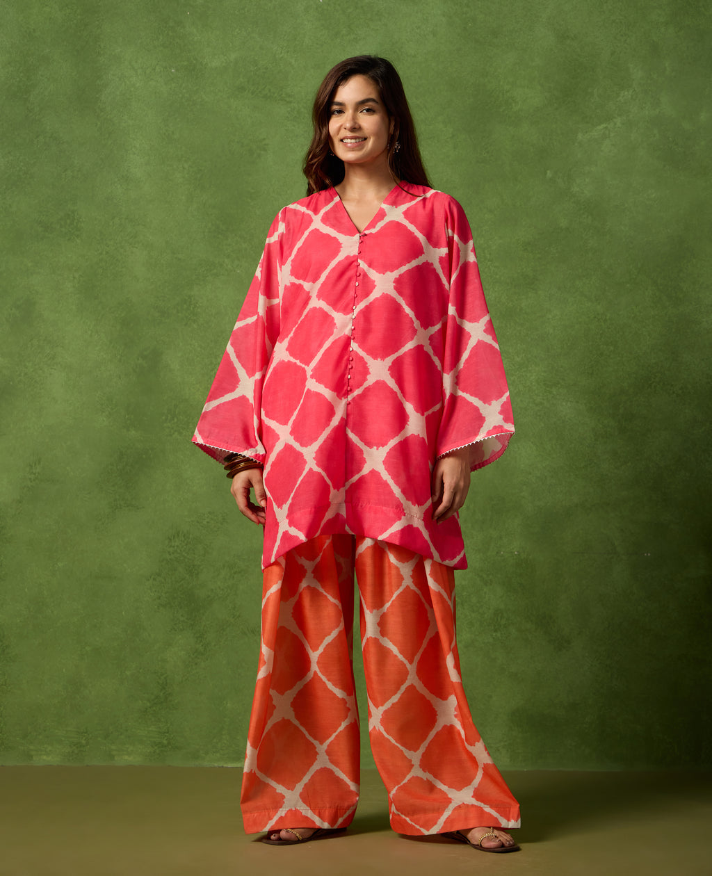 Geet Pink Geometric Print Mul Chanderi Kurta with Orange Pants - Rare Threads by Naina