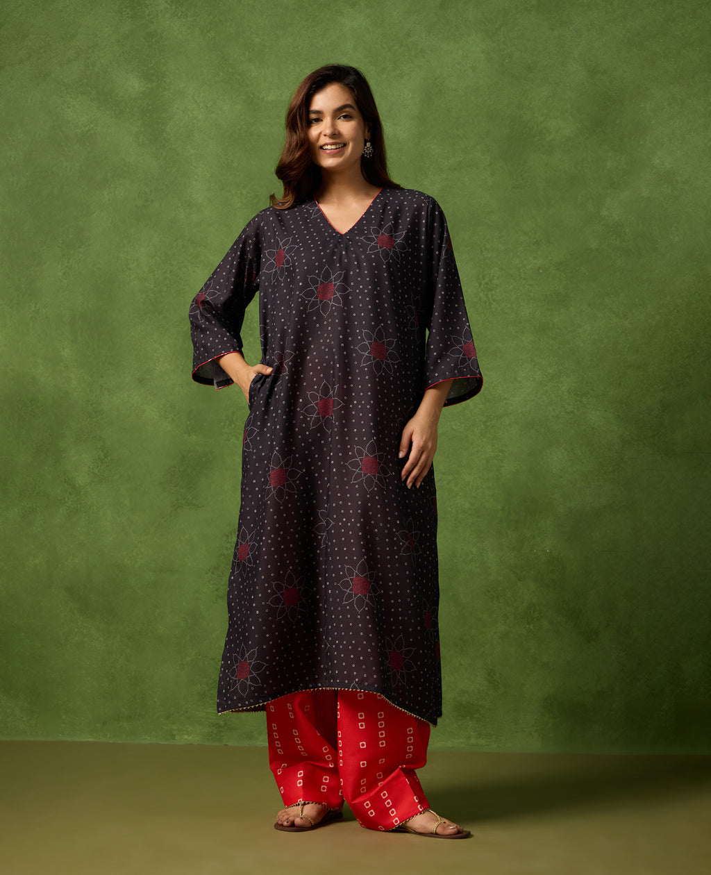 Dhun Black & Red Floral Print Spun Cambric Kurta Suit Set