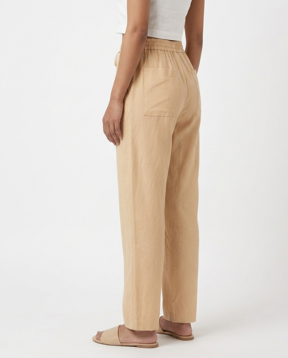 Beige Solid Straight Cotton-Blend Pants