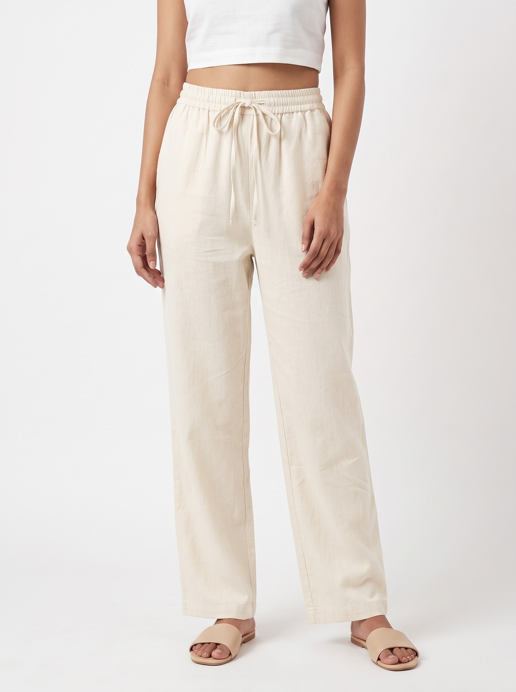 Off-White Solid Straight Cotton-Blend Pants
