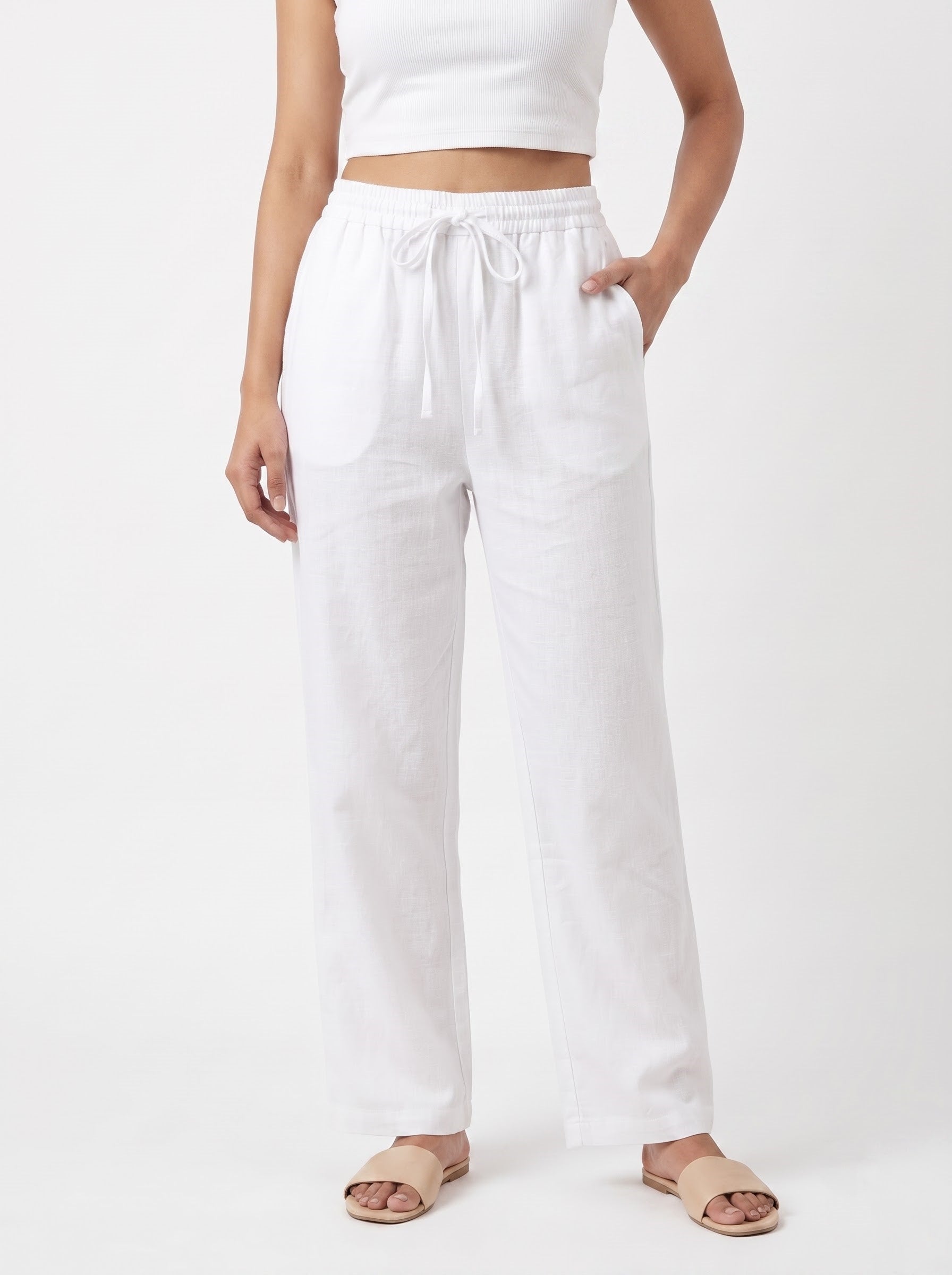 White Solid Straight Cotton-Blend Pants