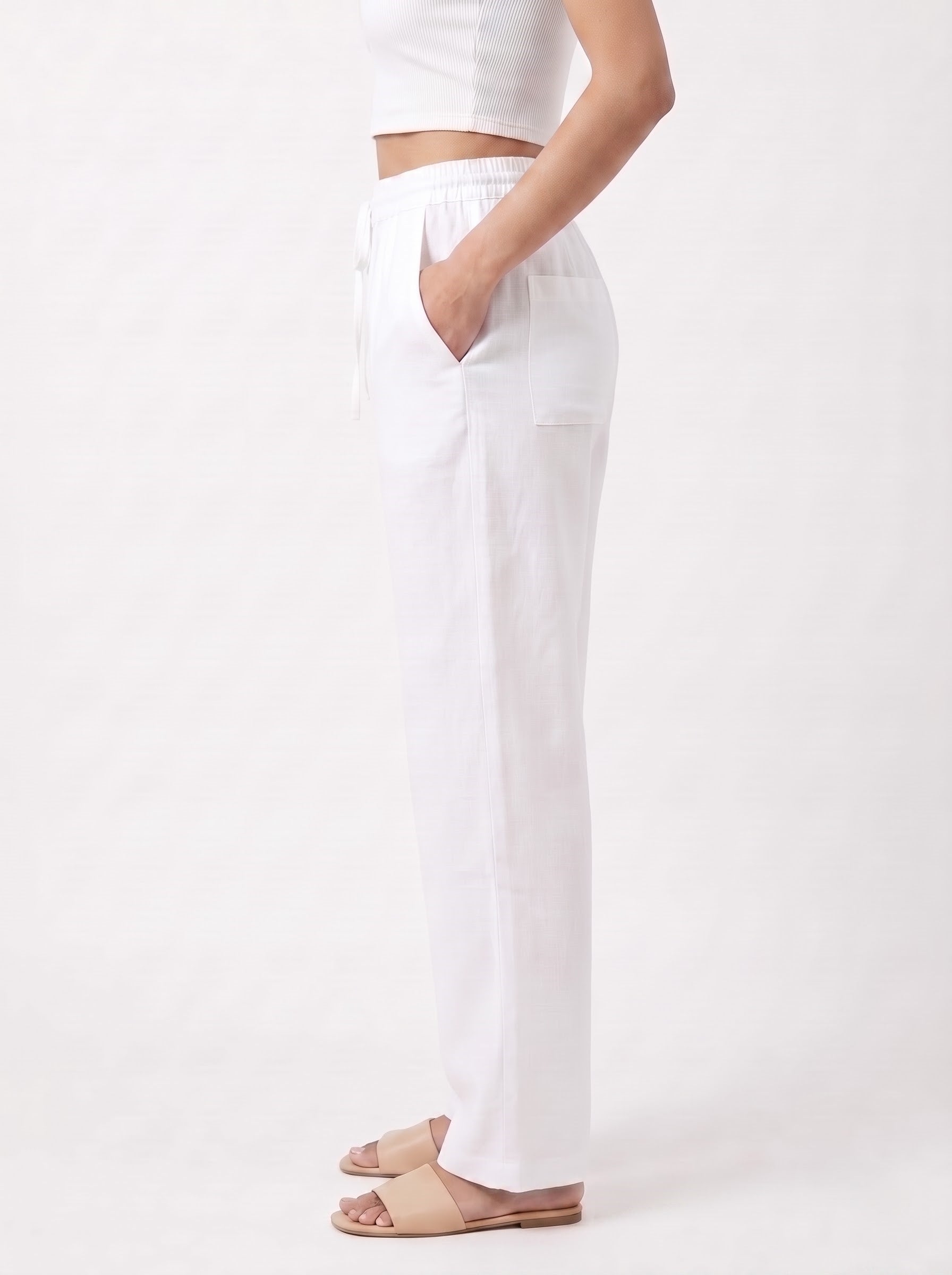 White Solid Straight Cotton-Blend Pants