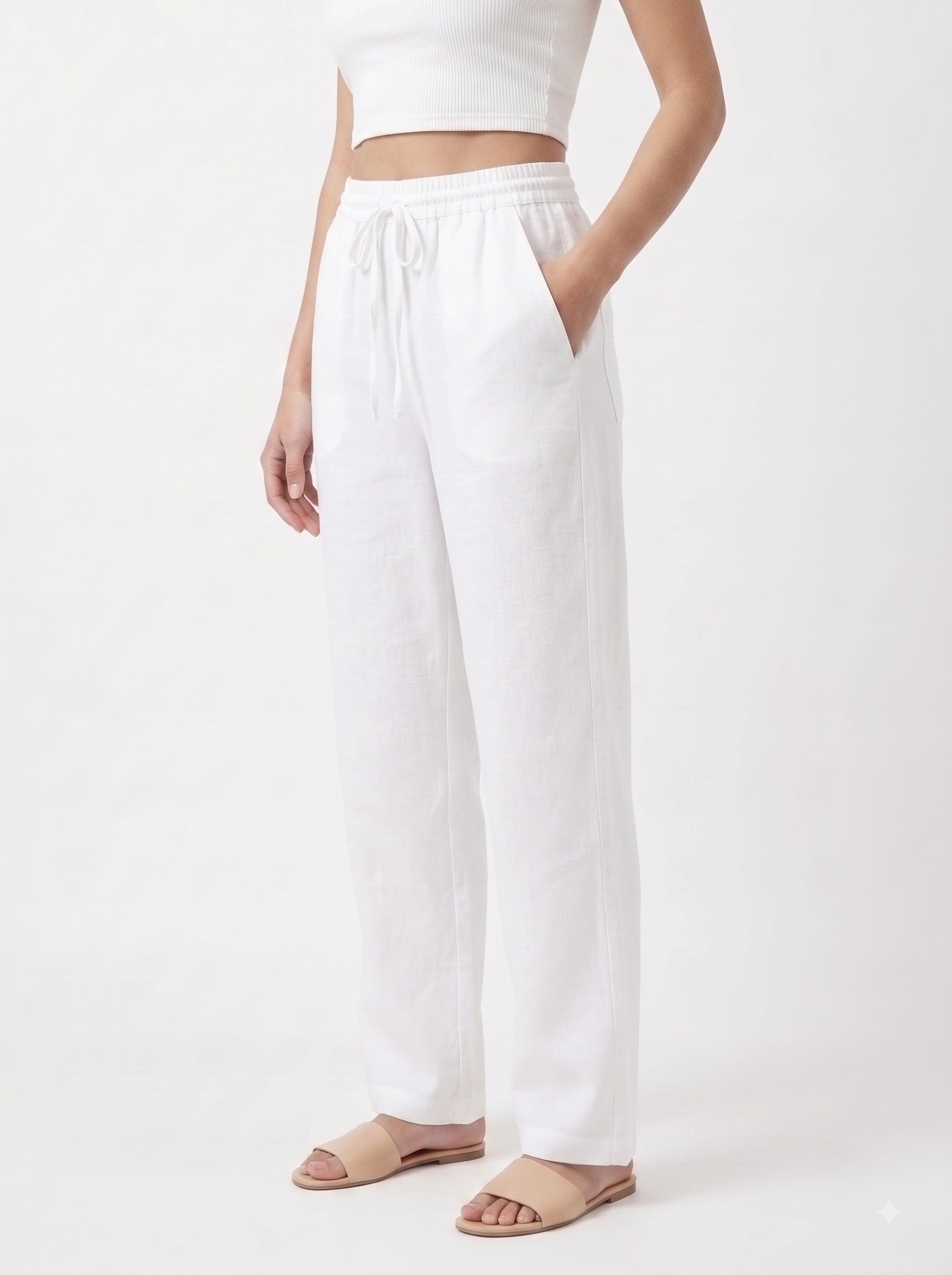 White Solid Straight Cotton-Blend Pants
