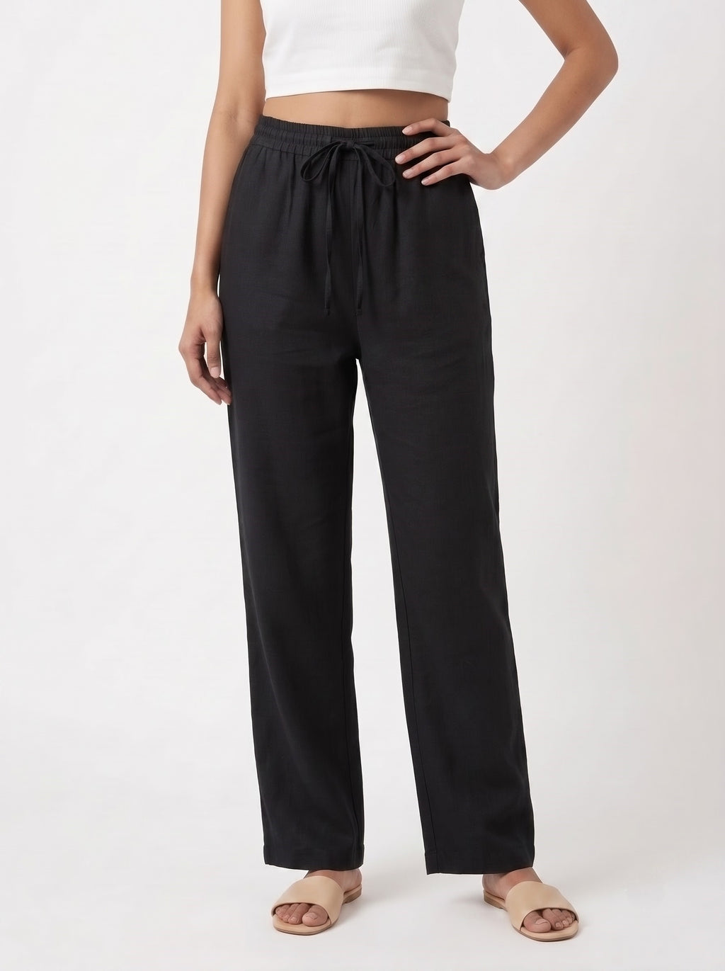 Black Solid Straight Cotton-Blend Pants