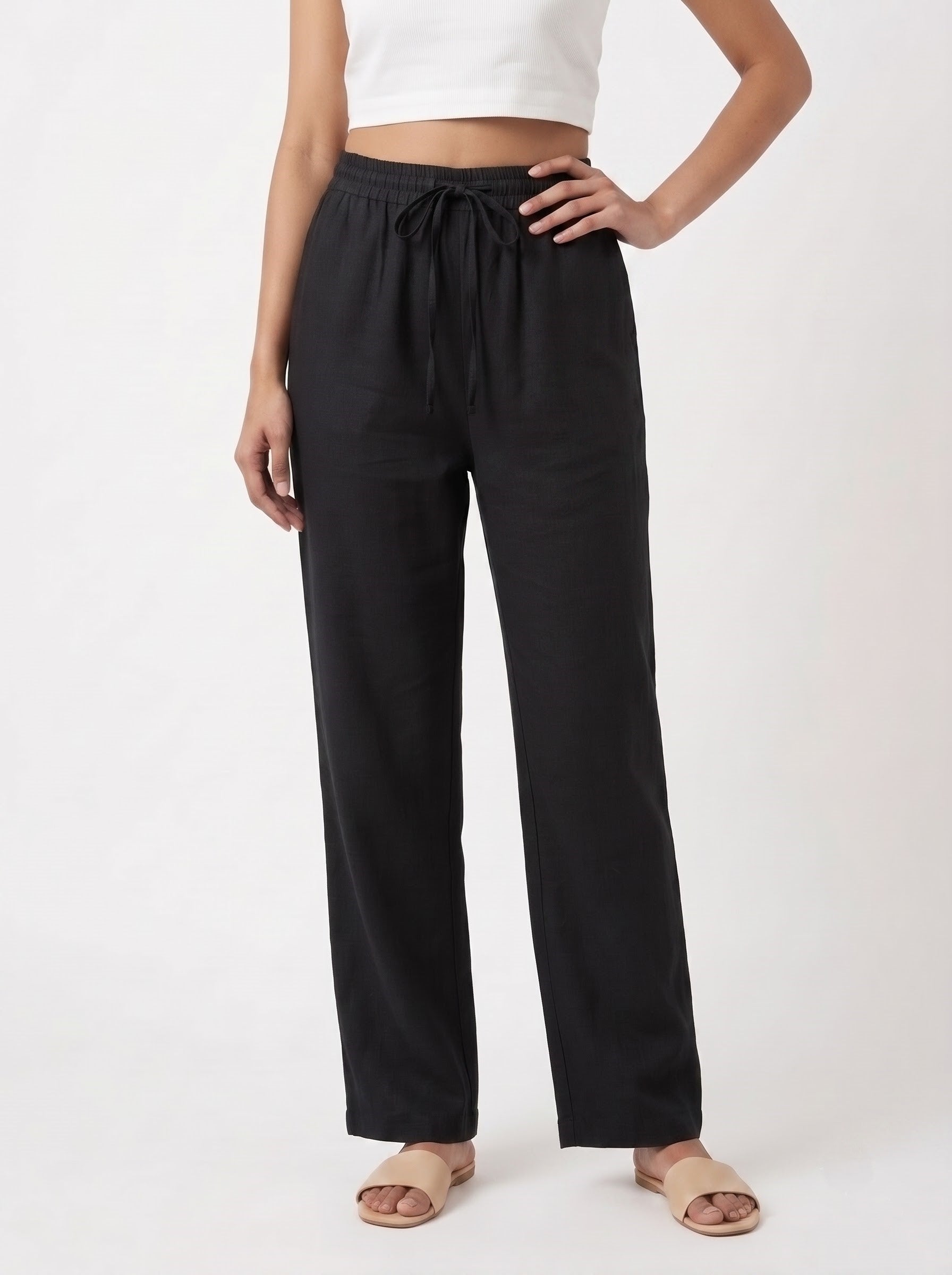Black Solid Straight Cotton-Blend Pants