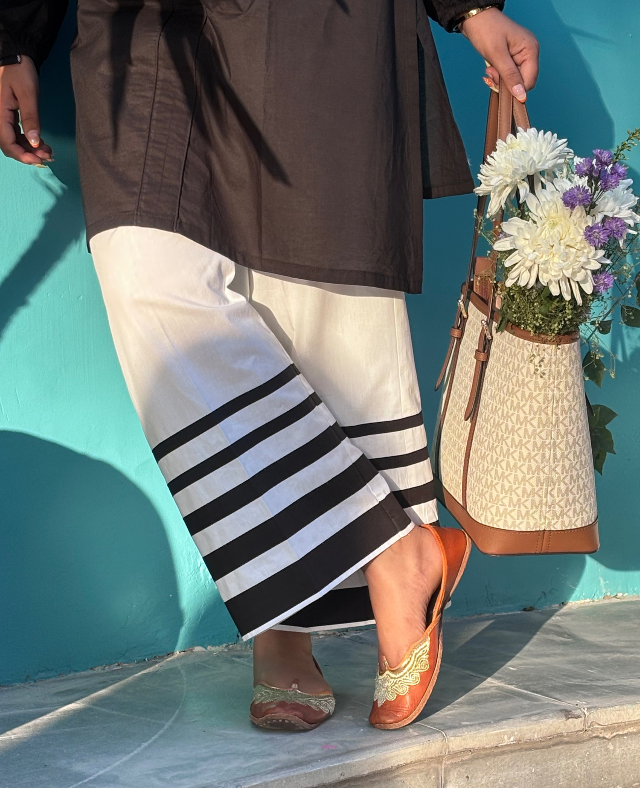 White Palazzo with Black Band Hem