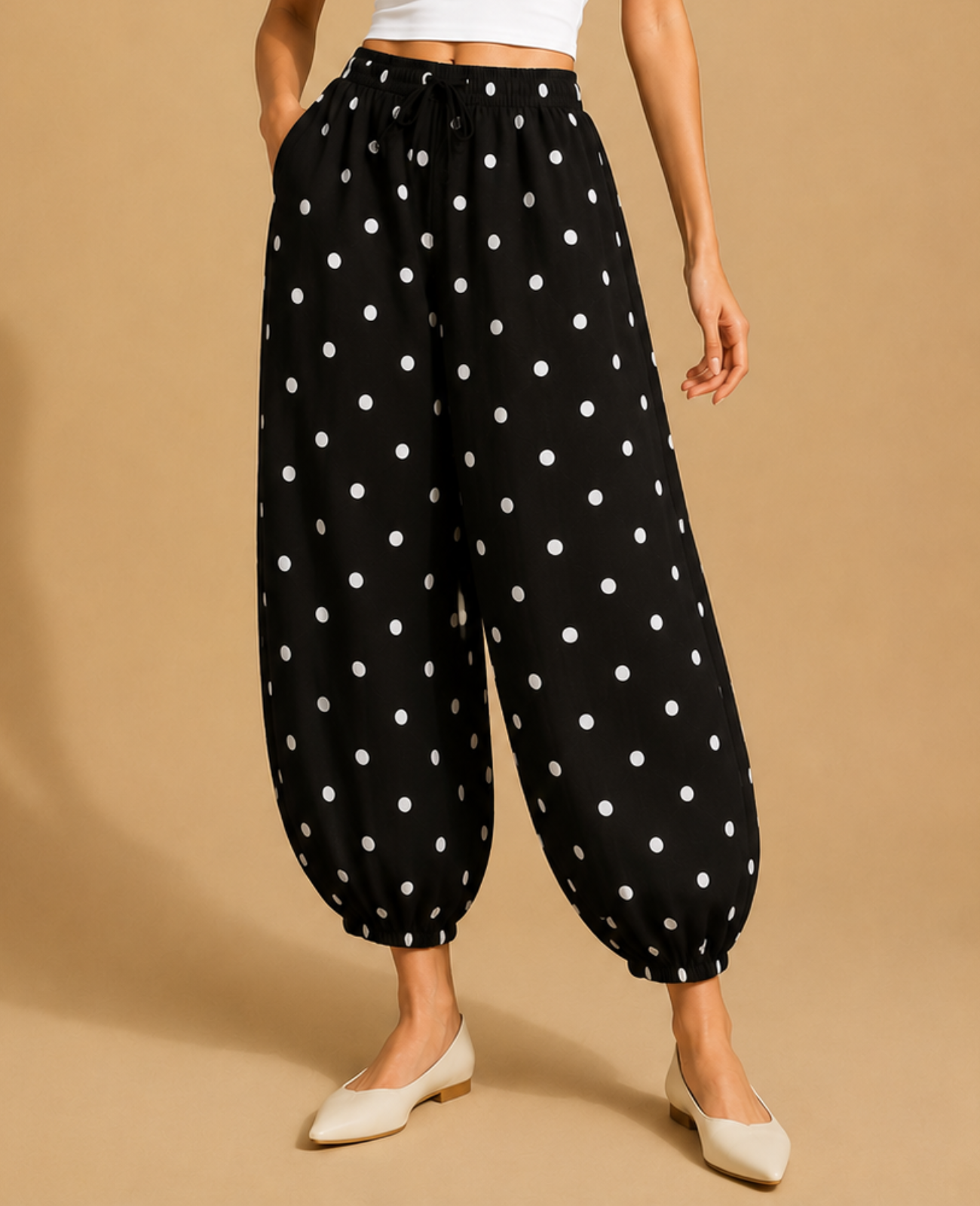 Sparkle White Polka On Black Balloon Pants