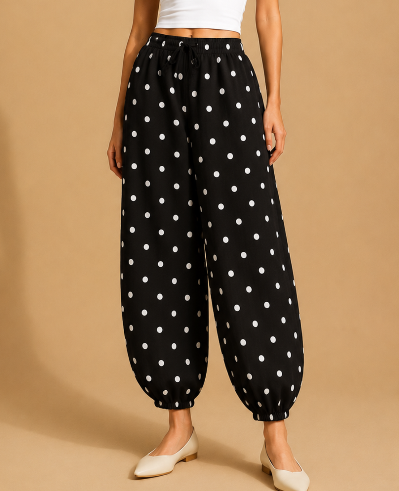Sparkle White Polka On Black Balloon Pants