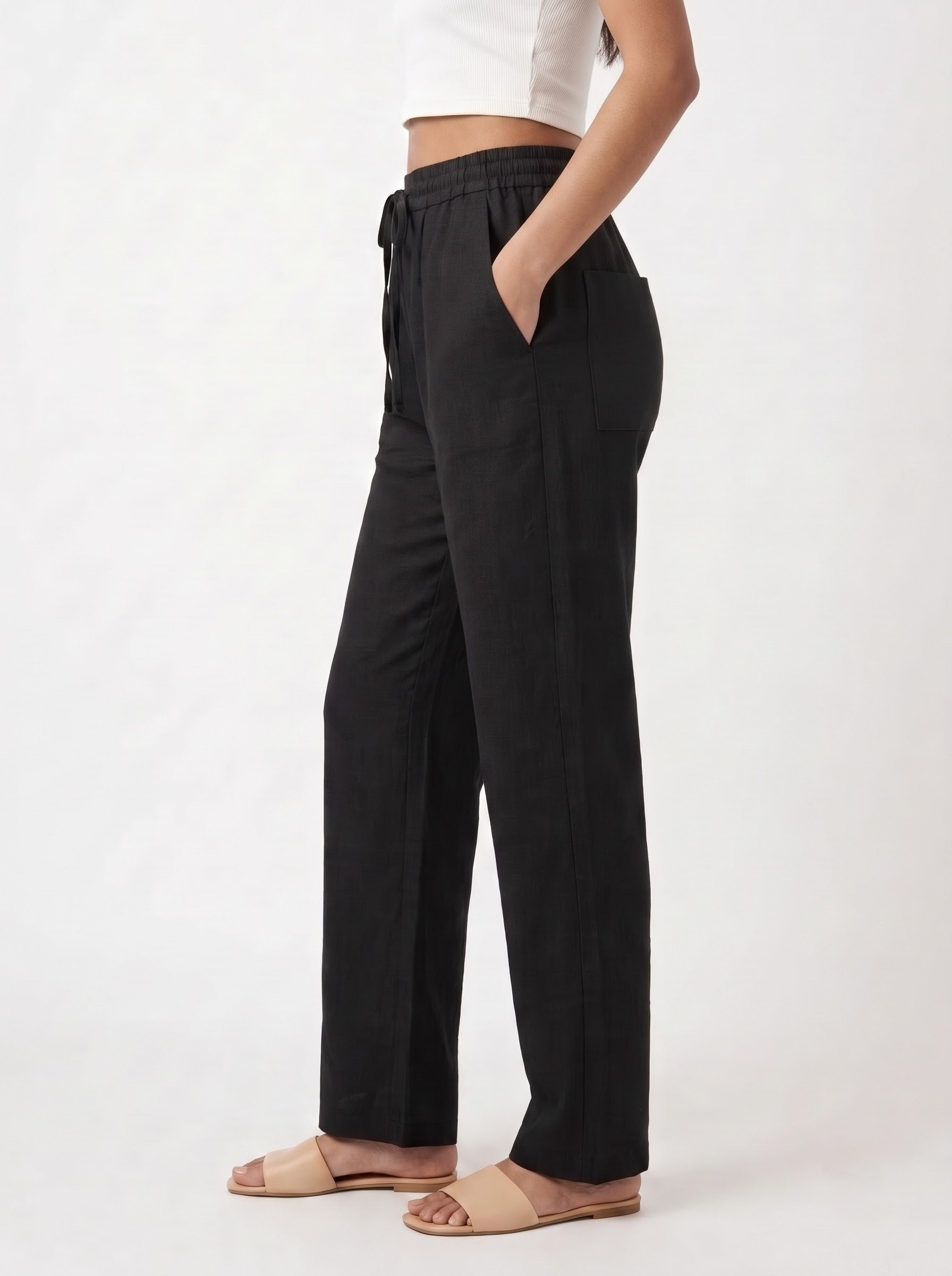 Black Solid Straight Cotton-Blend Pants