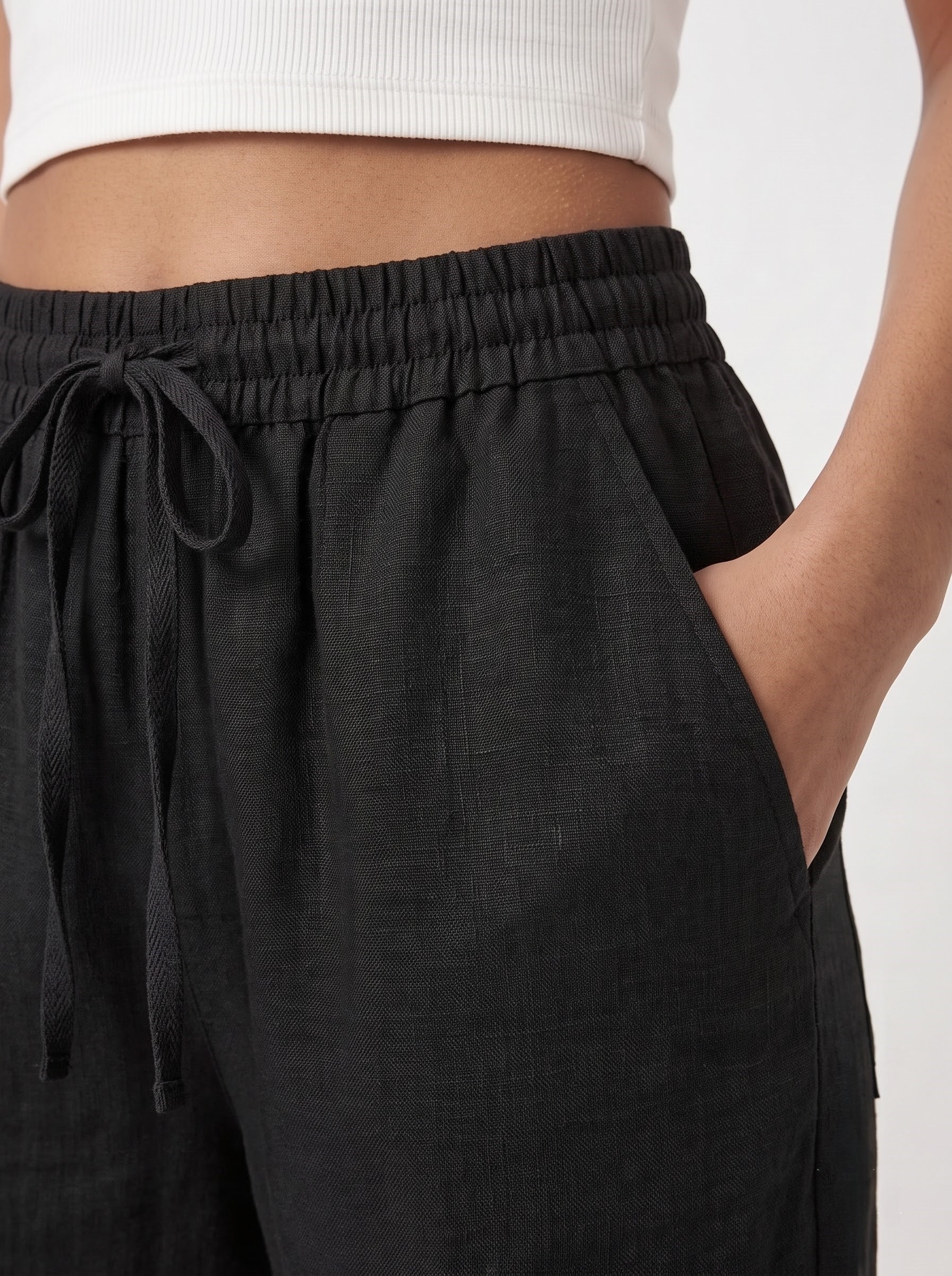 Black Solid Straight Cotton-Blend Pants
