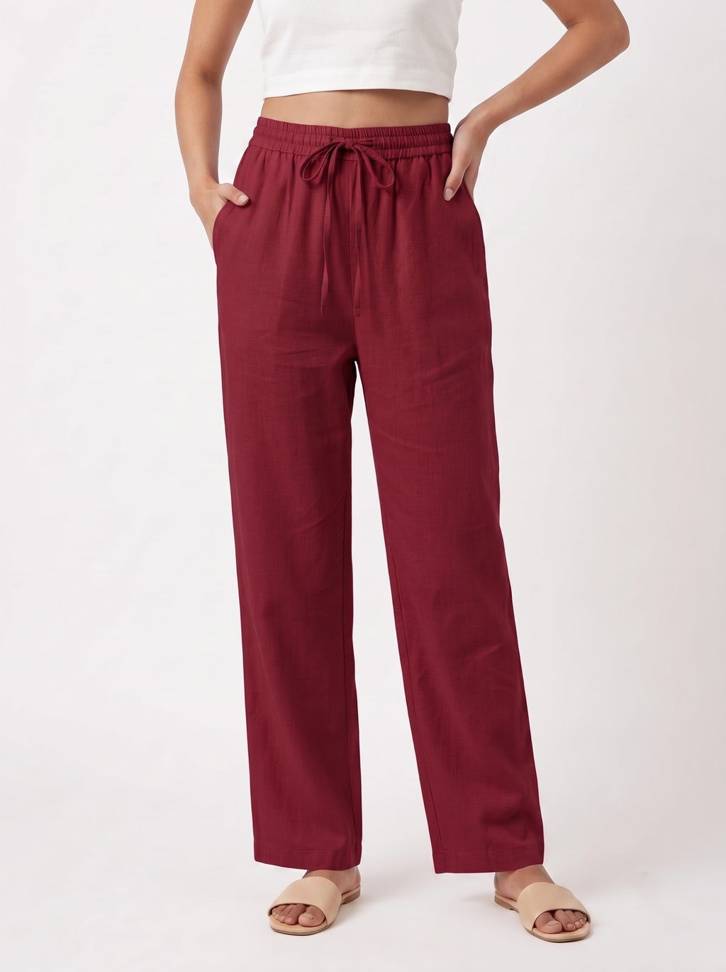Maroon Solid Straight Cotton-Blend Pants