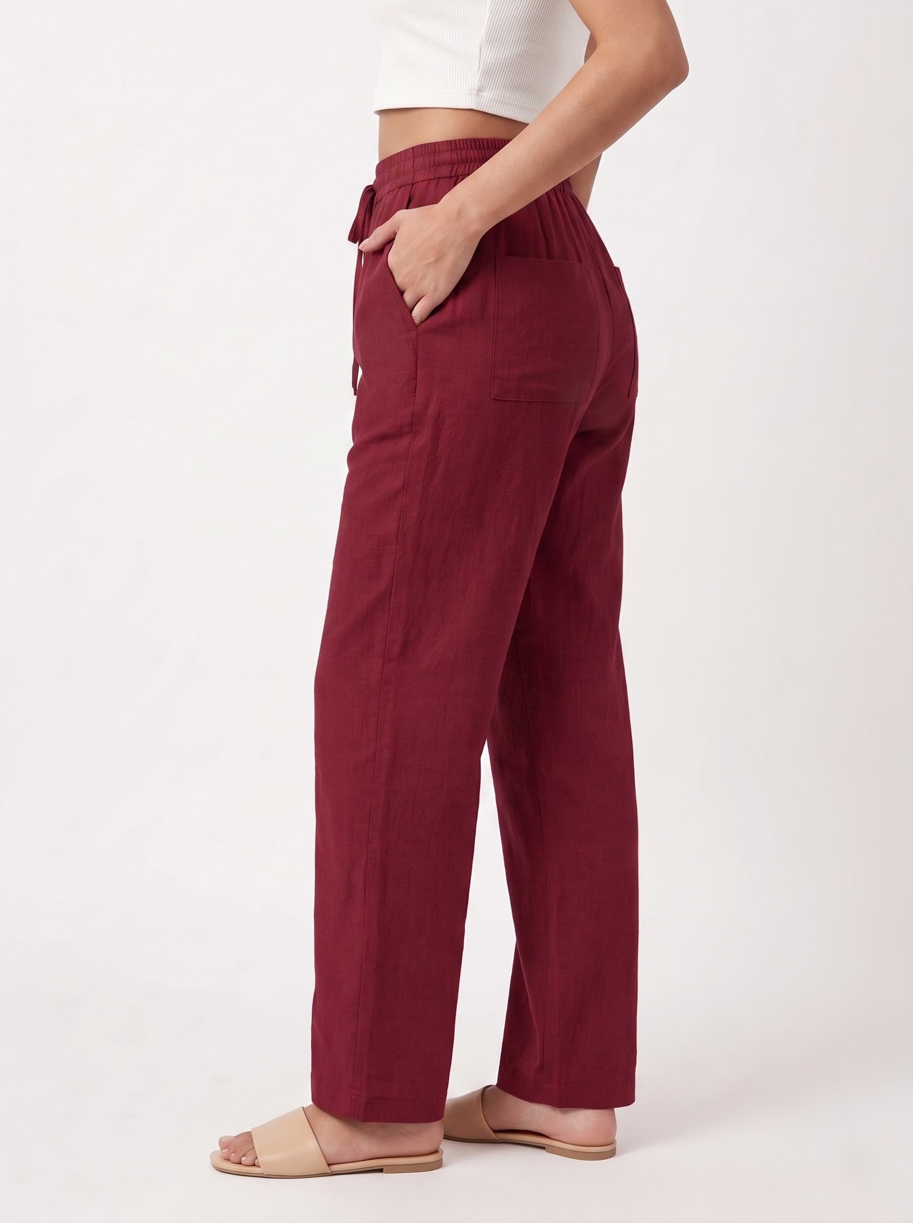 Maroon Solid Straight Cotton-Blend Pants