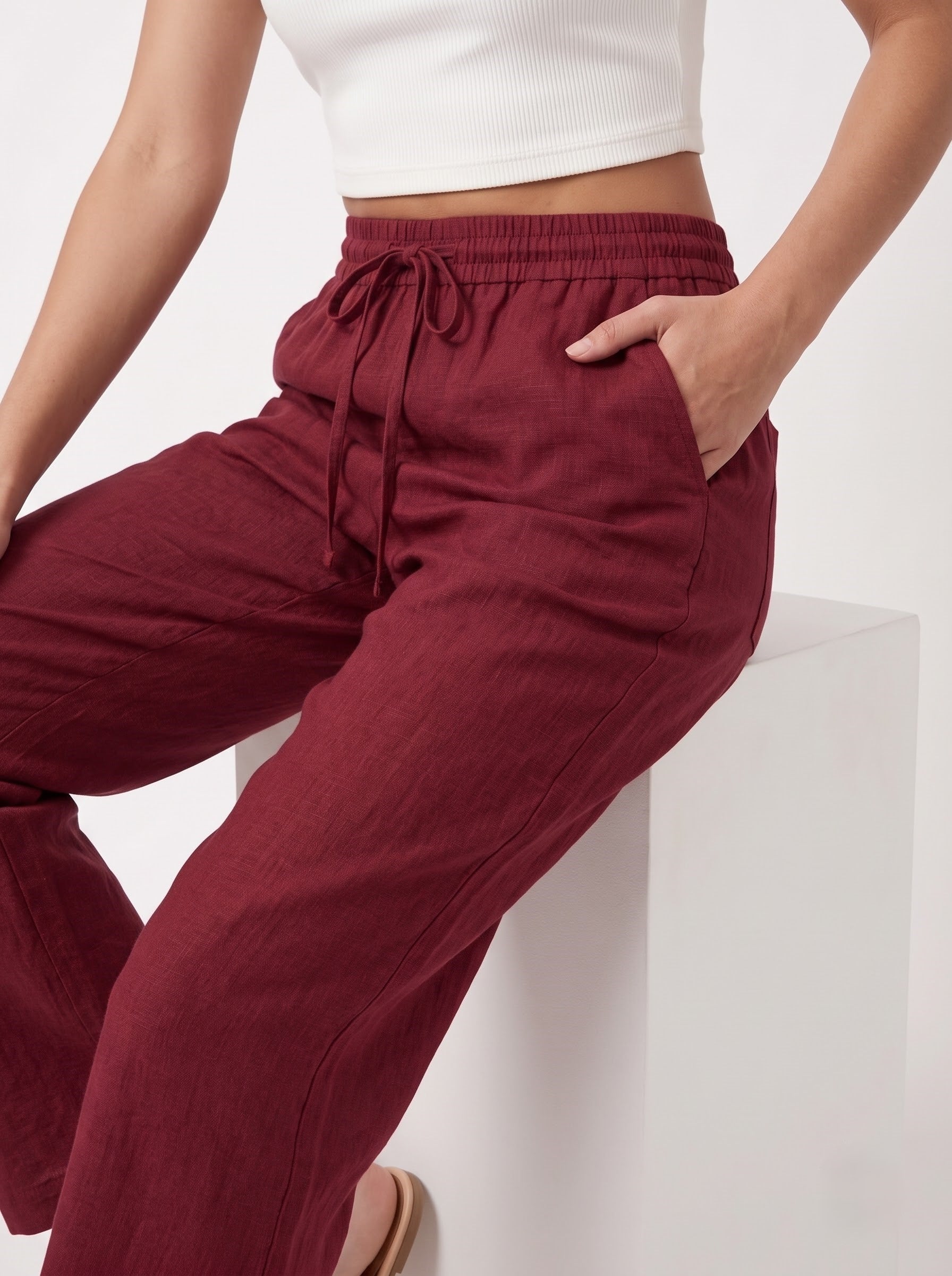 Maroon Solid Straight Cotton-Blend Pants