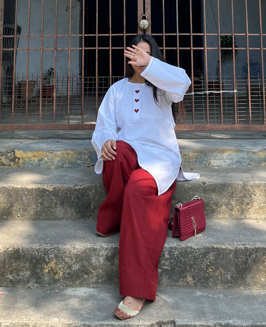 Lover Girl - White Everyday Kurta with Red Heart Yoke Detail