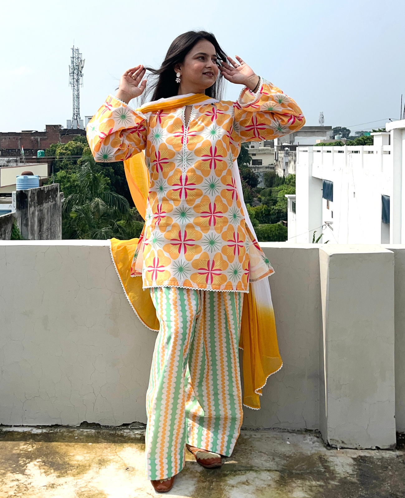 FIZA Modal Chanderi Kurta with Farshi Salwar and Dupatta - Set of 3