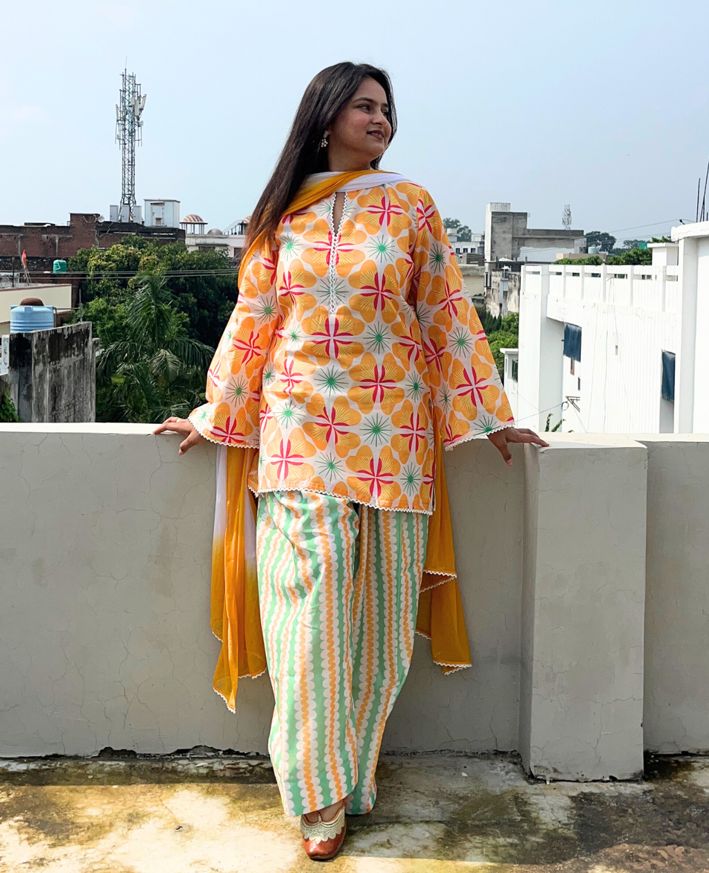 FIZA Modal Chanderi Kurta with Farshi Salwar and Dupatta - Set of 3