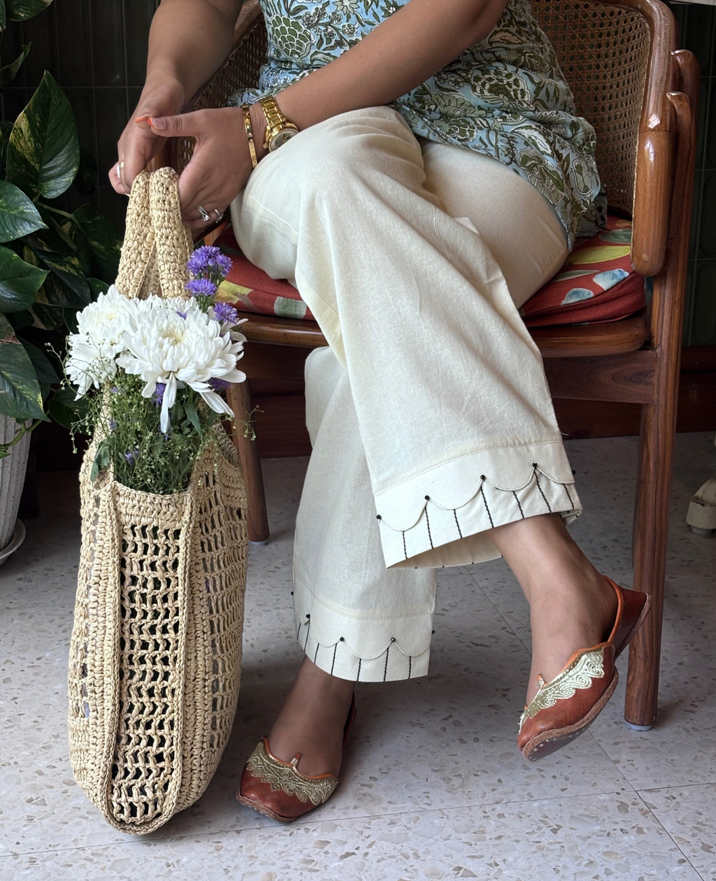 Flax Cream Straight Pant with Intricate Hem