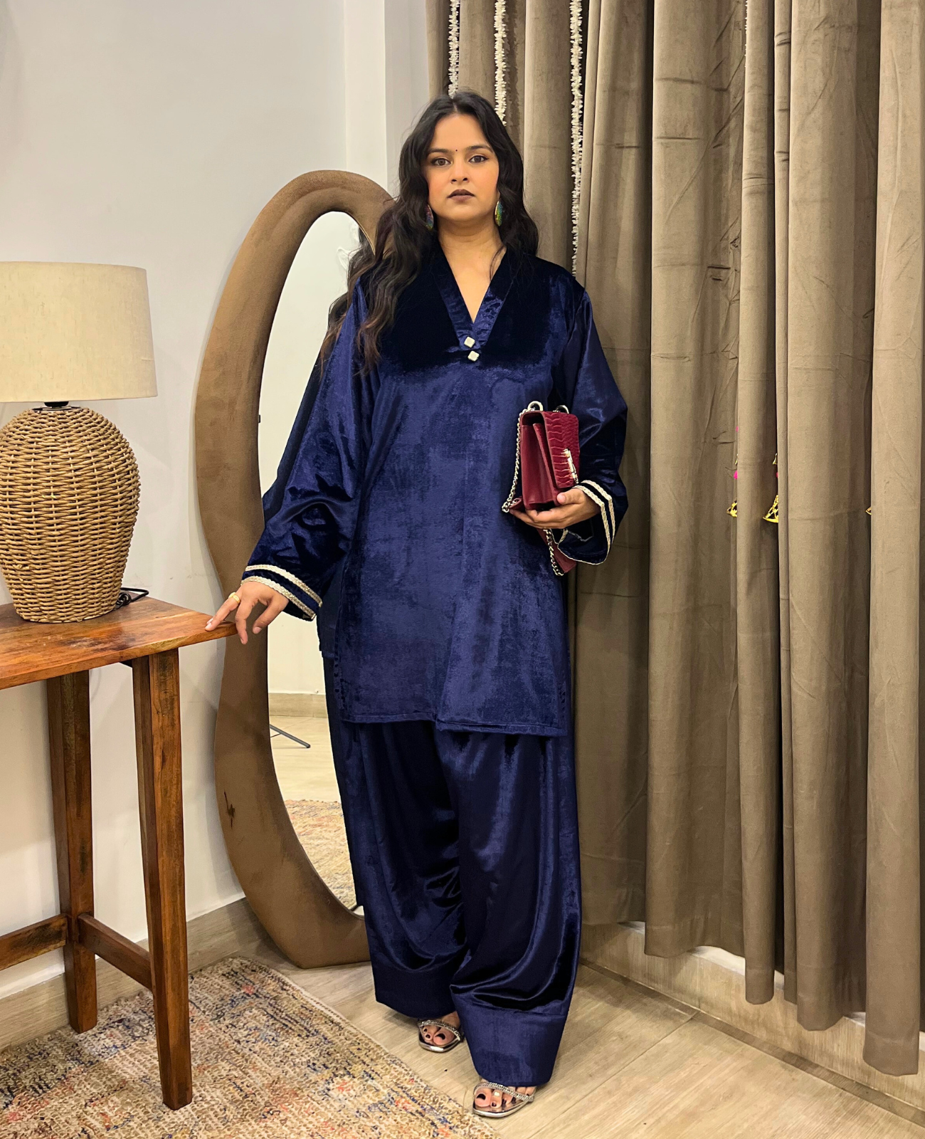 Deep Blue Velvet Farshi Salwar Suit Set