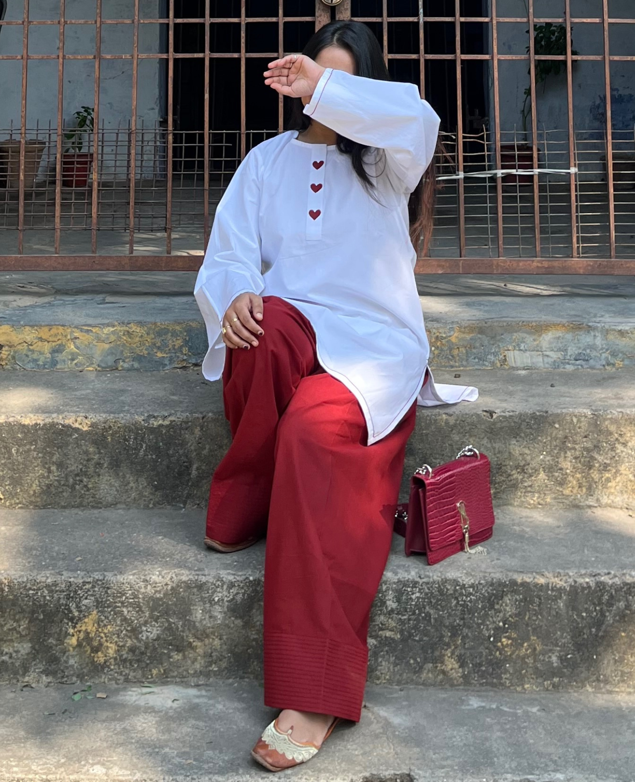 Lover Girl - White Everyday Kurta with Red Heart Yoke Detail