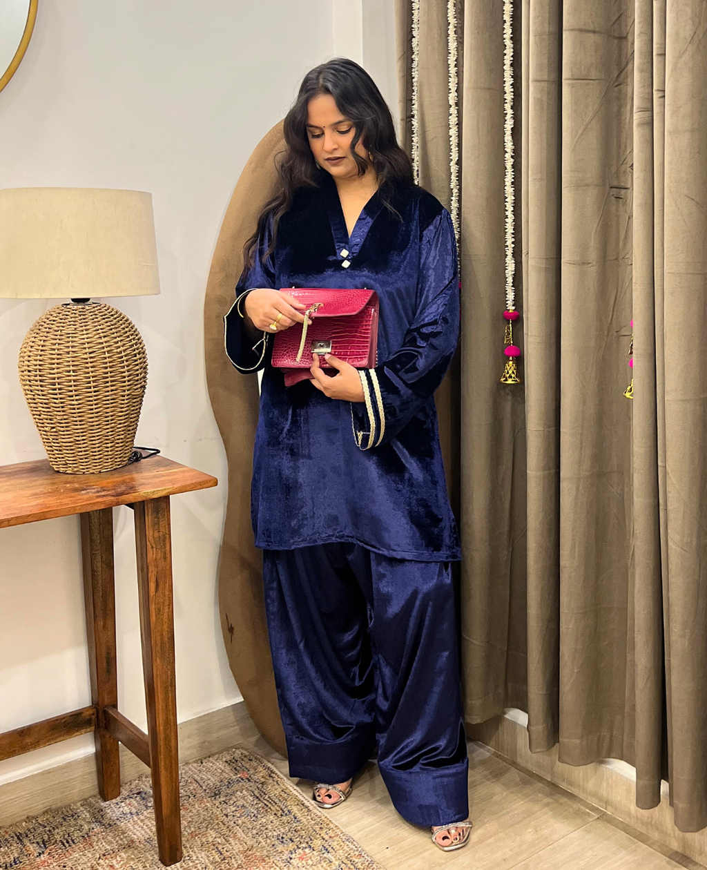 Deep Blue Velvet Farshi Salwar Suit Set